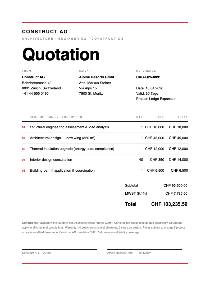 Swiss structured quotation
